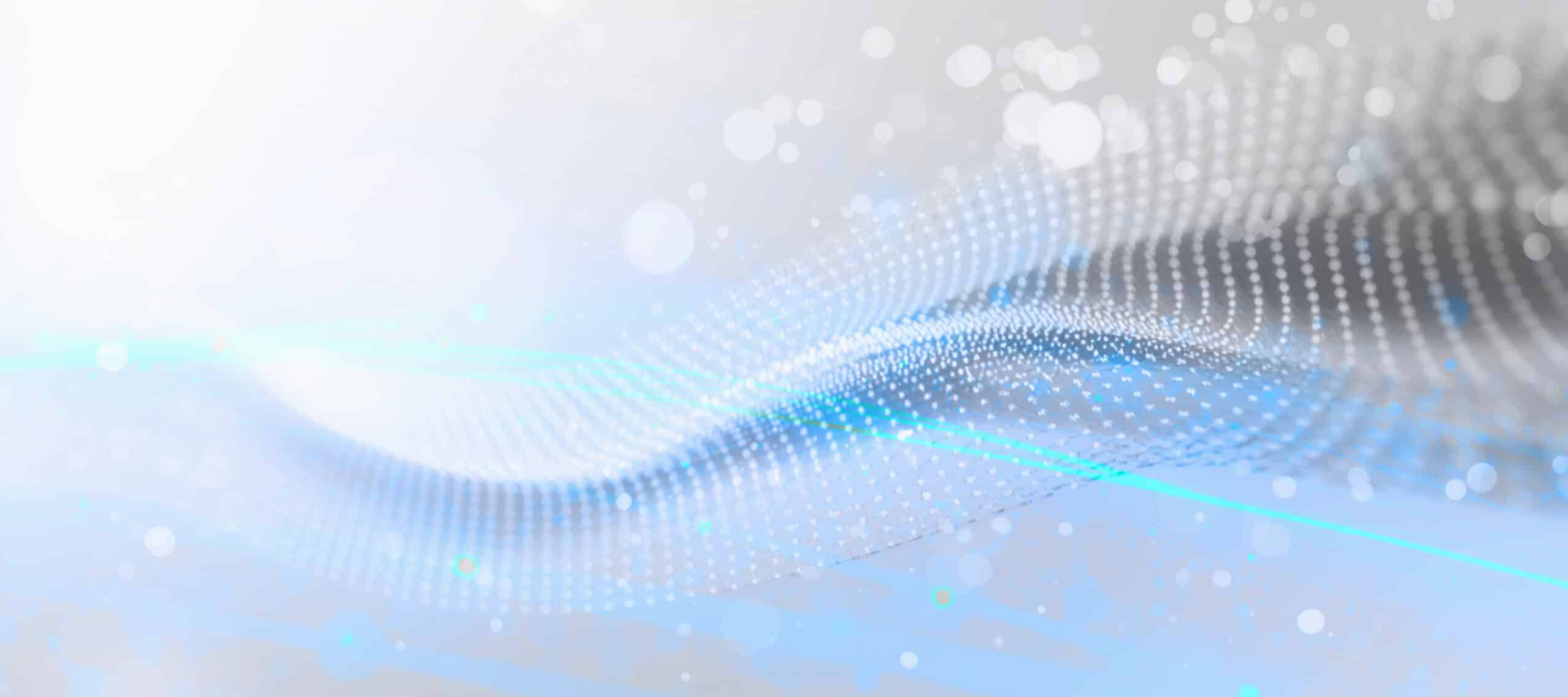 Abstract Light Blue Digital Particle Wave on Soft White Background, Flowing Dot Grid Data Visualization with Bokeh and Cyan Light Accent, Clean Technology Concept