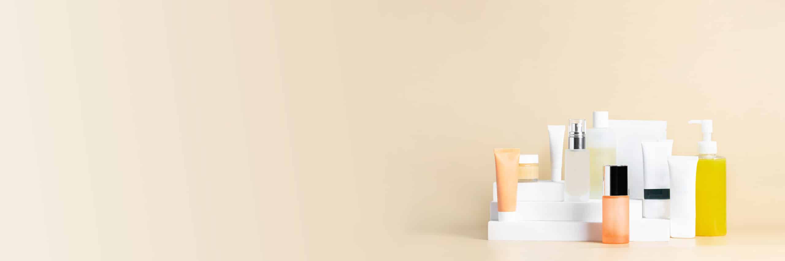 Skin care routine set. Different cosmetic product on geometric podiums o beige background. Skin care routine set. Different cosmetic product on geometric podiums o beige background.