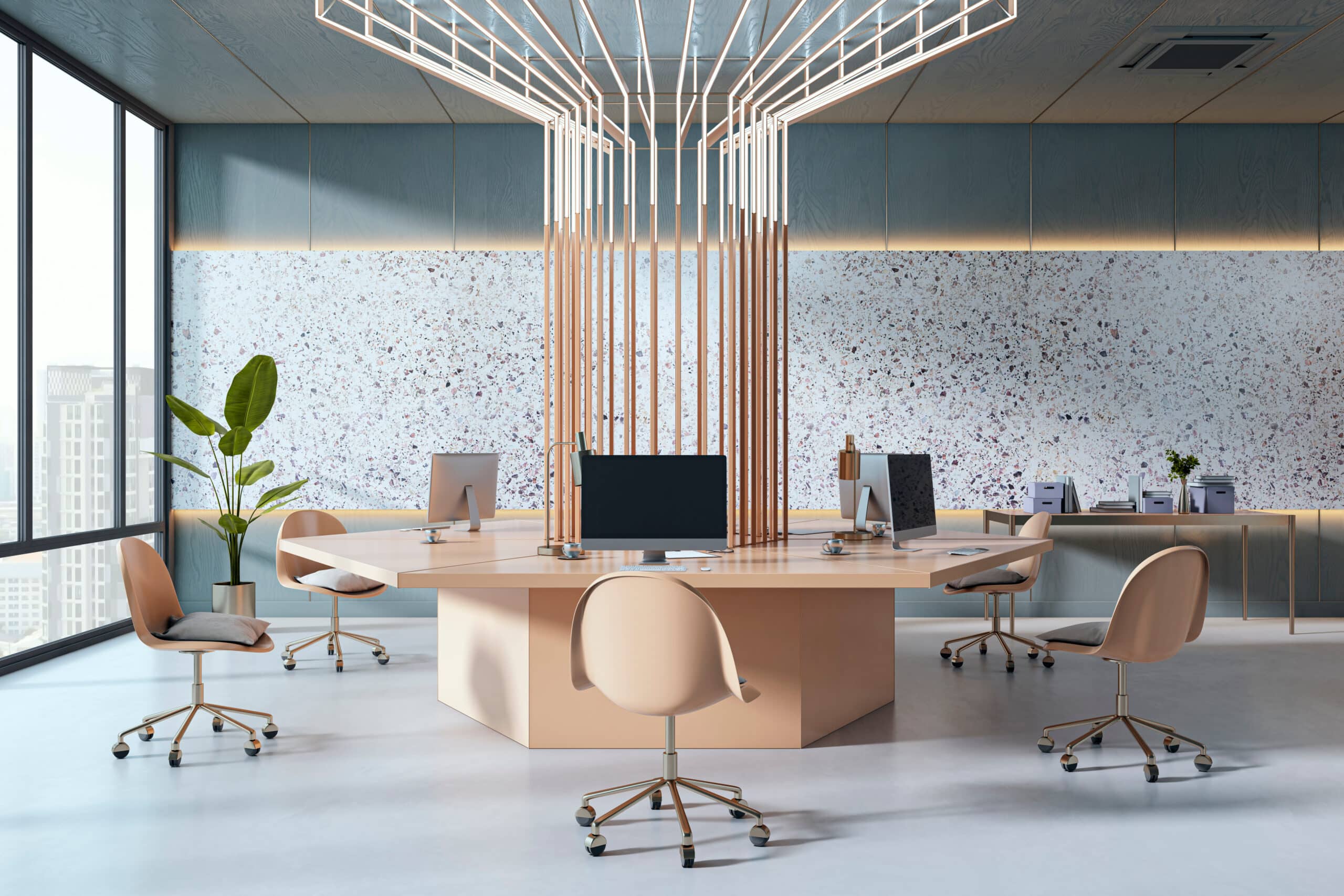 Modern coworking office interior with central wooden workstation and ergonomic chairs in bright daylight setting.