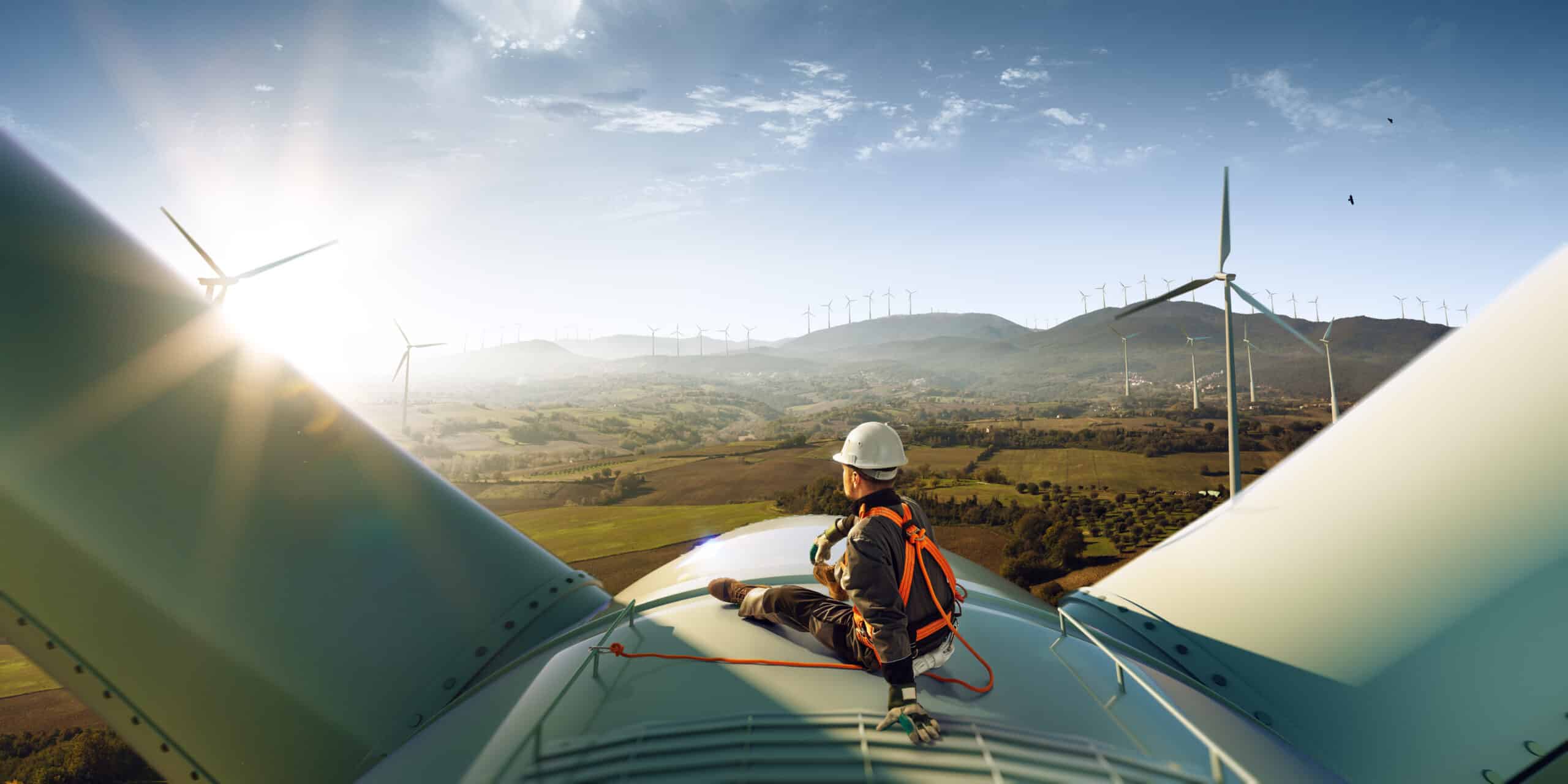 Engineer atop a wind turbine