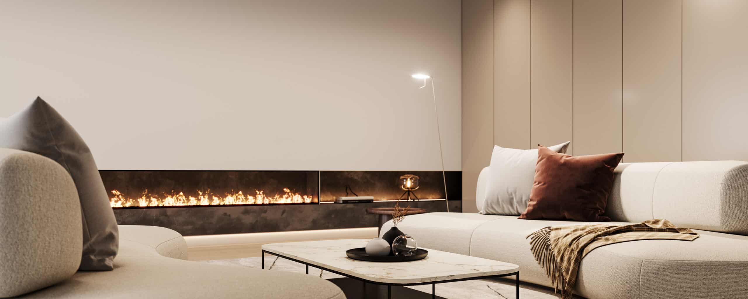 Modern luxury interior design of living room with fireplace